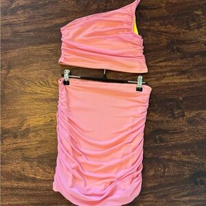 Pink One-Shoulder Ruched Two Piece Set